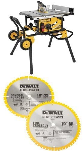 Buy DEWALT DWE7491RS 10-Inch Jobsite Table Saw with 32-1/2-Inch Rip Capacity and Rolling Stand, along with DW3106P5 60-Tooth Crosscutting and 32-Tooth General Purpose 10-Inch Saw Blade Combo Pack 