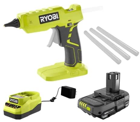 Buy Ryobi Cordless Full Size Glue Gun Kit includes a 1.5 Ah battery, an 18V charger, and three 1/2 in. glue sticks. 