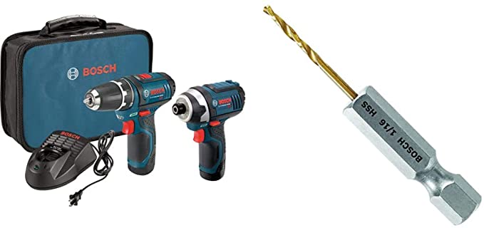 Buy Bosch Power Tools Combo Kit CLPK22-120 - 12-Volt Cordless Tool Set (Drill/Driver and Impact Driver) with 2 Batteries, Charger, Case & Accessories TI2131IM Impact Tough Titanium Drill Bit, 1/16-Inch, 