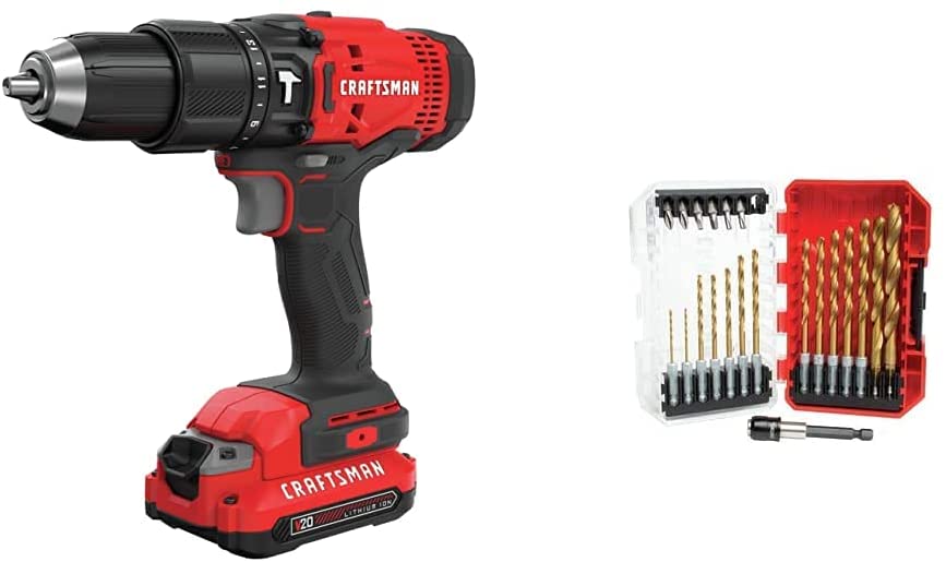 Buy CRAFTSMAN V20 Cordless Hammer Drill Kit with Drill Bit Set and Screwdriver Set, Titanium, 21-Piece (CMCD711C2 & CMAM3211)  