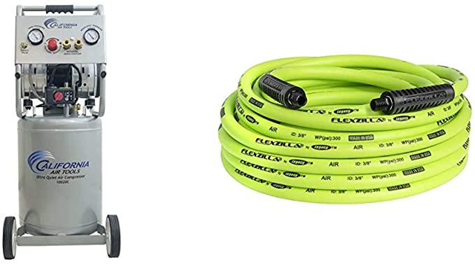 Buy California Air Tools 10020C Ultra Quiet Oil-Free and Powerful 2 HP Air Compressor & Flexzilla Air Hose, 3/8 in. x 50 ft, 1/4 in. MNPT Fittings, Heavy Duty, Lightweight, Hybrid, ZillaGreen 