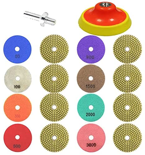 Buy 4 inch Granite Polishing Kit with Diamond Polishing Pads, 18pcs Marble Polishing Kit for Stone Concrete Floor, 50#-3000# with Hook & Loop Backing Holder Pads for Wet/Dry Polisher (18pcs) 