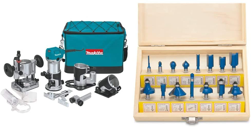 Buy Makita RT0701CX3 Teal 1-1/4 HP Compact Router Kit & Hiltex 10100 Tungsten Carbide Router Bits | 15-Piece Set 