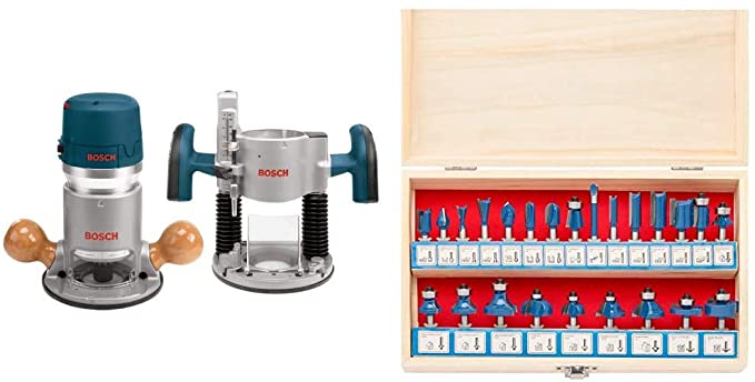 Buy The Bosch 1617EVSPK Wood Router Tool Combo Kit and Fixed Base Router Kit with a Variable Speed 12 Amp Motor and the Hiltex 10108 Tungsten Carbide Router Bit Set, 24 Piece | 1/4-Inch Shank, Blue 