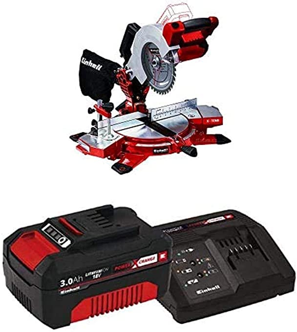 Buy Einhell TE-MS Power X-Change 18-Volt Cordless 8.5-Inch 3,000-RPM Compound Single-Bevel Miter Saw, Laser (0°-45°) and 40-Tooth Saw Blade, X-Tend Support, Kit (w/ 3.0-Ah Battery and Fast Charger) 