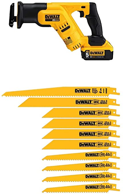 Buy DEWALT DCS387P1 20-Volt MAX Lithium Ion Compact Reciprocating Saw Kit with DEWALT DW4898 10-Piece Bi-Metal Reciprocating Saw Blade Set with Case 