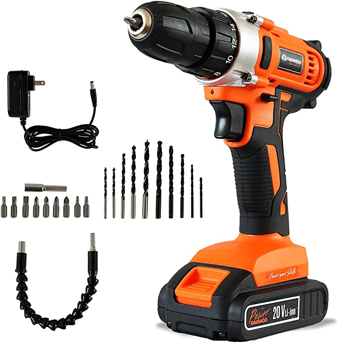 Buy DAEWOO Lithium Ion Cordless Drill 20V Variable Speed 0-1500 RPM with 21 Attachments 