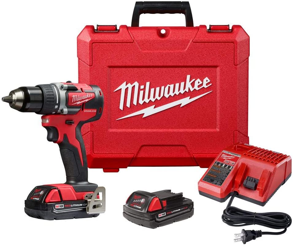 Milwaukee 2801-22CT M18 18-Volt Lithium-Ion Brushless Cordless Compact 1/2 Inch Drill/Driver Kit with 2 Batteries 2.0 Ah, Charger and Case