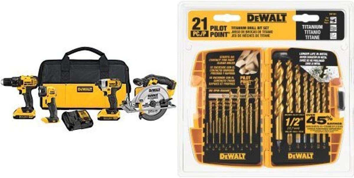 Buy DEWALT DCK421D2 20V MAX Lithium-Ion 4-Tool Combo Kit, 2.0Ah with 21-Piece Titanium Pilot Point Drill Bit Set 