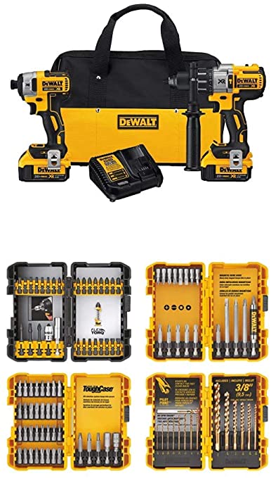 Buy DEWALT 20V MAX XR Brushless Impact Driver and Hammer Drill Combo Kit, Premium 4.0Ah (DCK299M2) with DEWALT DWA2FTS100 Screwdriving and Drilling Set, 100 Piece (DCK299M2). 