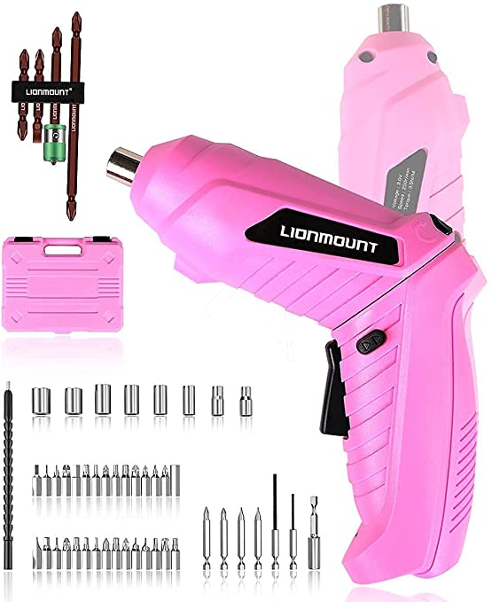 Buy LionMount 3.6V Pink Handheld Cordless Electric Screwdriver Set for Women, Li-on Battery LED light Pivoting Head Bit Socket 47pcs Set, Free 4pc Magnetic Double Ended Screwdriver Bit Set 