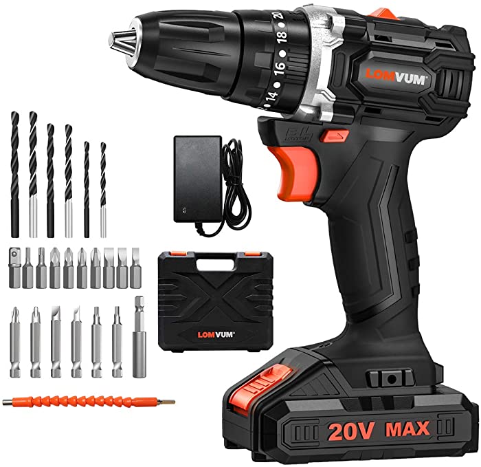 Buy LOMVUM 18V Brushless Cordless (20V Max) Drill Battery Powered 2 Speeds, 24 Accessories, Torque Max 38Nm Self-Tightening Chuck 10mm Drill (1Battery)  