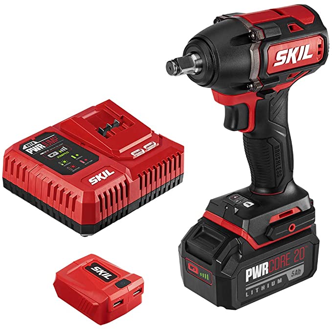 Buy IW5739-1A SKIL PWR CORE 20 Brushless 20V 1/2 Inch Impact Wrench with 5.0Ah Battery, PWR JUMP Charger, and PWR ASSIST USB Adapter 