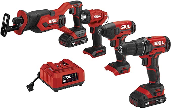 Buy CB739601, White SKIL 4-Tool Kit: 20V Cordless Drill Driver, Impact Driver, Reciprocating Saw, and LED Spotlight, Includes Two 2.0Ah Lithium Batteries and One Charger 