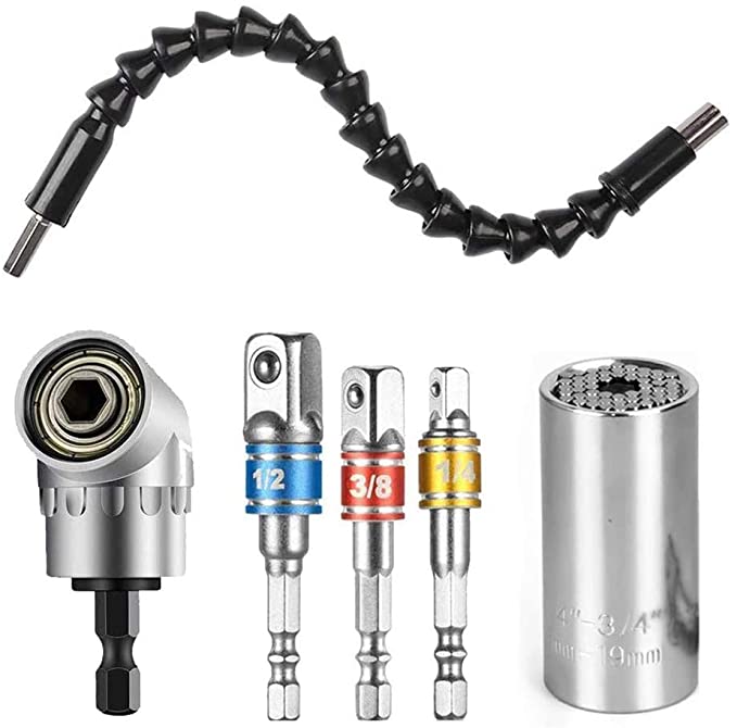 Buy 1PCS 7mm-19mm Universal Socket Grip Ratchet Wrench Power Drill Adapter+105 Degree FORTSPANG 1 pc right angle drill adapter+3 pcs impact socket+1 pc Drill Bit Holder 1/4