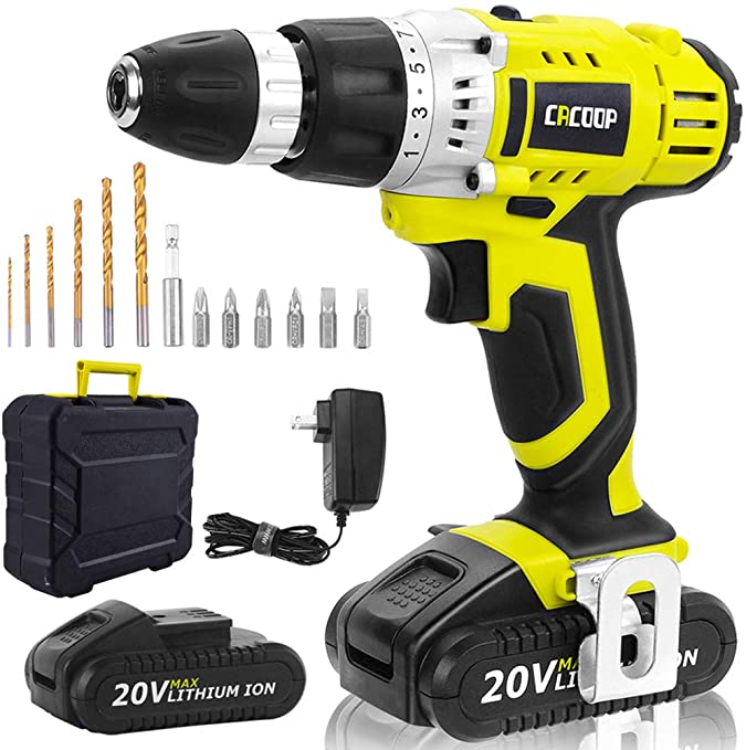 Buy CACOOP 20V Power Drill Kit, Electric Drill Set, 13 pcs Drills& Bits Kit, 2 pcs 1500mAh Lithium-ion Battery, Charger, and Storage&Carry Case 