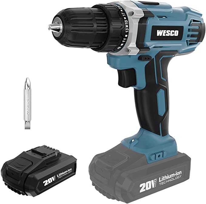 Buy WESCO POWER 20V 1 x Li-ion Battery, 21+1 Torque Setting, 3/8 inch Keyless Chuck, Variable Speed and LED Light, Belt Clip 