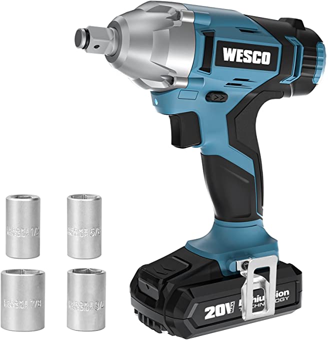 Buy WESCO 20V Impact Wrench, 1/2-inch, 2.0Ah Li-ion Battery and Charger Included, 3000 IPM, 2400 RPM, Impact Sockets Included, Belt Clip for Convenient Carrying 