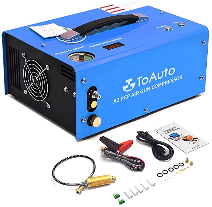 Buy TOAUTO A2 PCP Air Compressor, Auto-Stop, Portable 4500Psi/30Mpa, Oil/Water-Free, 8MM Quick-Connector HPA Compressor for Paintball/PCP Air Rifle/Scuba Tank, Powered by 110V AC at Home or 12V Car DC (Blue). 