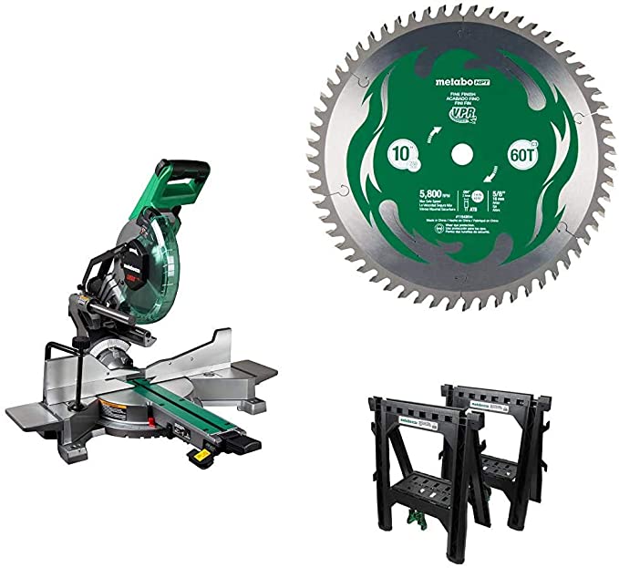 Buy Metabo HPT 10-Inch Sliding Miter Saw with Sawhorses and 10-Inch Fine Finish Blade 