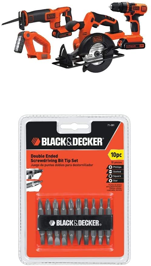 Buy BLACK+DECKER 20V MAX Cordless Drill Combo Kit, 4-Tool (BD4KITCDCRL) and Screwdriver Bit Set, Double Ended, 10-Piece (BD4KITCDCRL) 