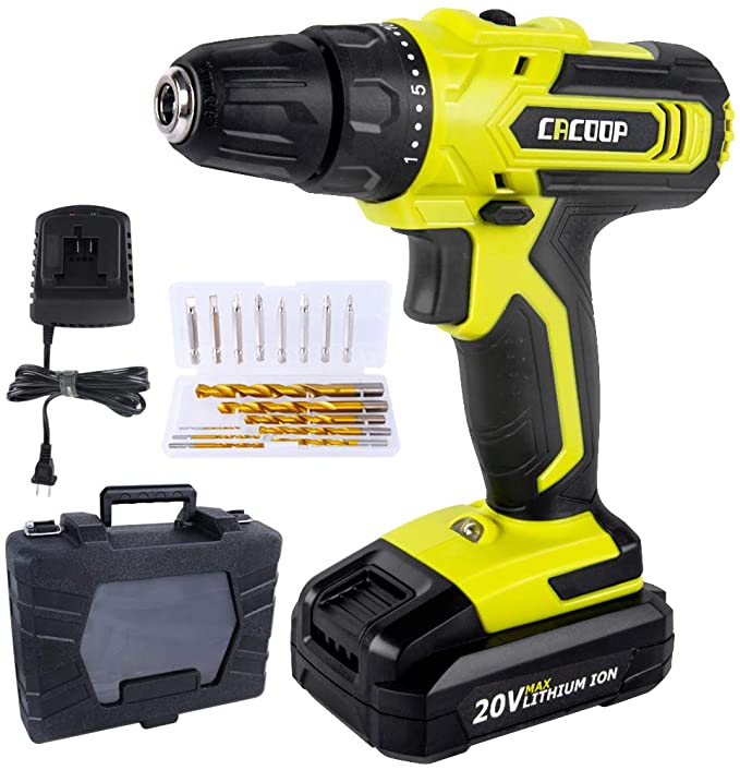 Buy CACOOP 20V Cordless Drill Driver Kit, Power Drill with 2000mAh Battery, 310 in-lbs Torque, 25+1 Positions, Fast Charger, Built-in LED, 2 Variable Speed, Drill Bits Drilling Kit for Metal Walls and Floors 