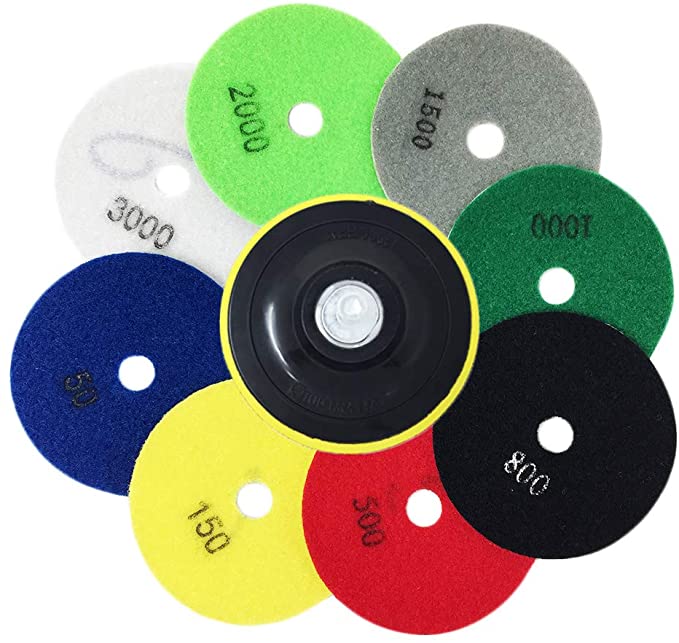 Buy Pads measuring 4 inches Diamond wet polishing pad set of 9 pieces, 50#-3000# polishing pads for granite stone concrete marble floor grinder or polisher. 