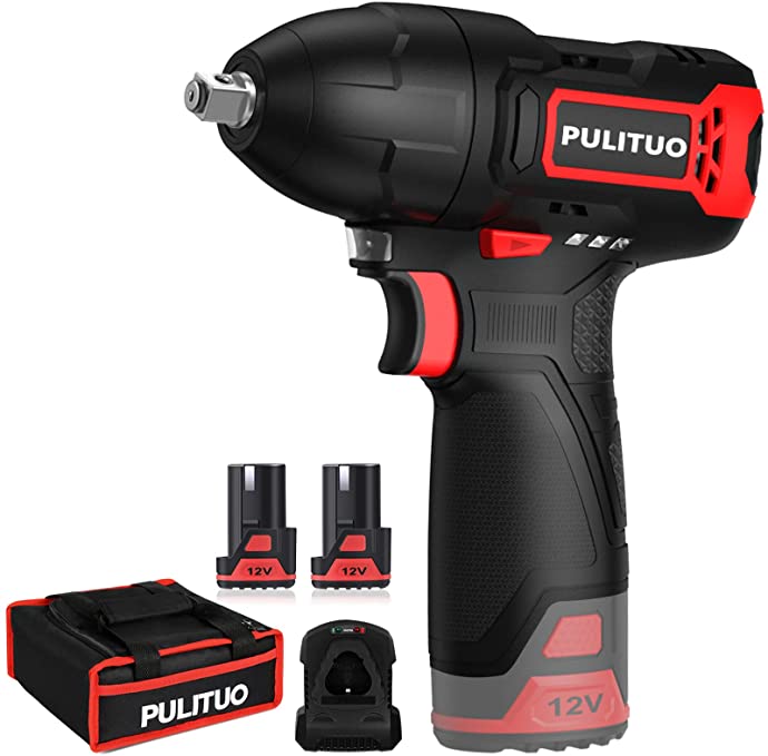 Buy PULITUO 12V Cordless Impact Wrench, 3/8 inch Electric Wrench, 88 ft-lbs Max Torque (120N.m)  Impact gun with two 2000mAh Li-ion batteries and a fast charger in a cloth bag. 