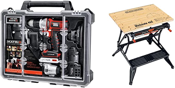 Buy BLACK+DECKER BDCDMT1206KITC Matrix 6 Tool Combo Kit with Case, as well as a BLACK+DECKER WM425-A Portable Project Center and Vise 