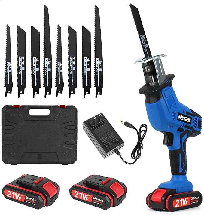 Buy BONSBOR Electric Reciprocating Saw with 2 Rechargeable Li-ion Batteries - US Plug Charger, Saw Blades, and Carrying Case, 21V Cordless Reciprocating Saw (Blue)  