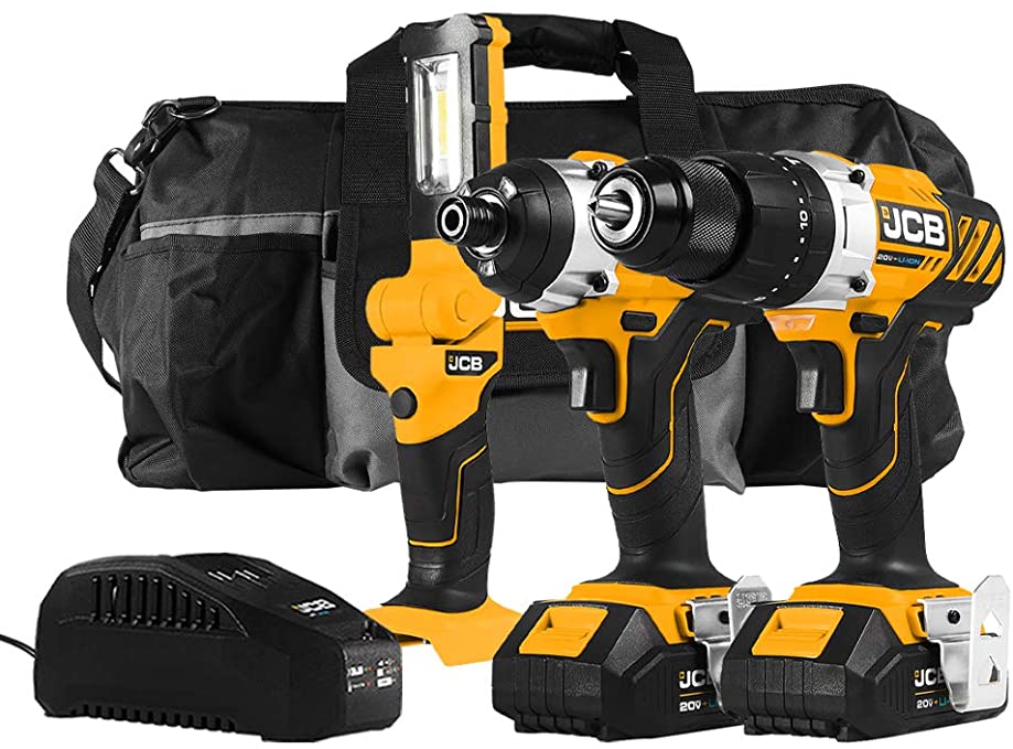 Buy JCB Tools - 20V, 3-Piece Power Tool Kit - Hammer Drill Driver, Impact Driver, LED Work Light, 2 x 2.0Ah Batteries, Fast Charger, and Tool Bag - Ideal for Home Improvements, Drilling, Masonry, and Screw Driving 