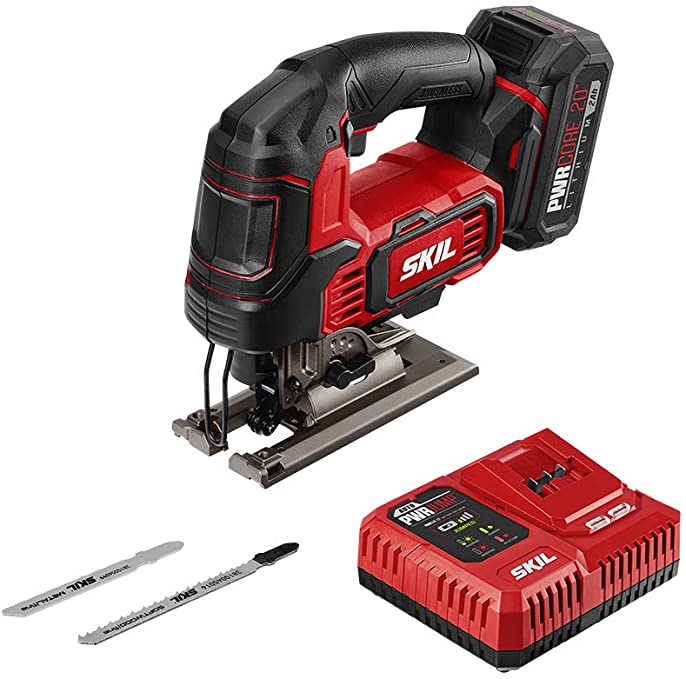 Buy JS820202 SKIL PWR CORE 20 Brushless 20V 1 Inch Stroke Jigsaw with 2.0Ah Lithium Battery, PWR ASSIST USB, and PWR JUMP Charger 