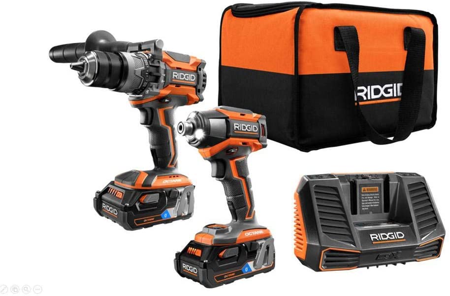 Buy RIDGID 18-Volt OCTANE Lithium-Ion Cordless Brushless Combo Kit includes a hammer drill, an impact driver, two 3.0 Ah batteries, and a charger. 