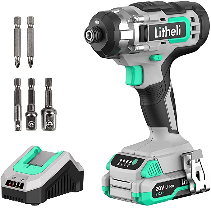 Buy Litheli 20V Cordless Impact Driver, 1150 In-Lbs Torque, 1/4′′ Quick-Release Hex Chuck, 3 Socket Adapters, 2 Driver Bits, 2.0 Ah Battery, and 1 Hour Fast Charger 