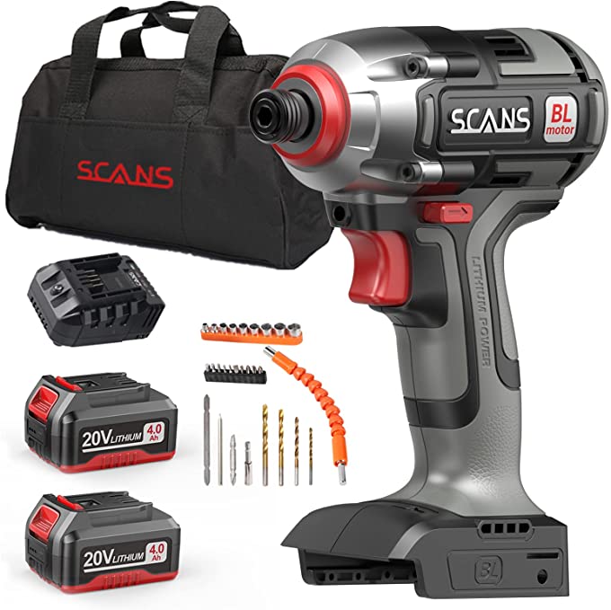 Buy SCANS 20V Cordless Brushless Impact Driver/Drill, 2 x4.0Ah Li-Ion Batteries, 1550In.lb Max Torque, 3200IPM, Power Impact Driver with LED, 1/4