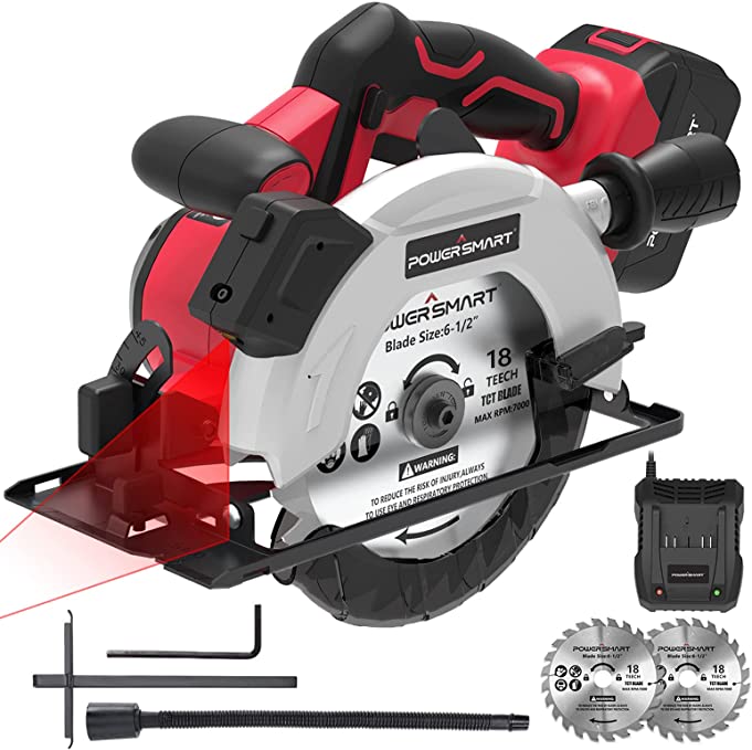 Buy PowerSmart 20V 6-1/2 Inch Circular Saw with 4.0Ah Battery and Fast Charger, 4300 RPM, Laser & Parallel Guide, 2 Blades 