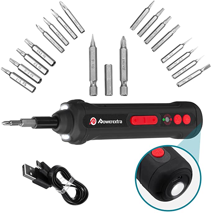 Buy 16W Drill Compact Mini Cordless Screwdriver Set Rechargeable Bits POWEREXTRA Electric Screwdriver Kit 2000mAh Li-ion Battery, 1/4