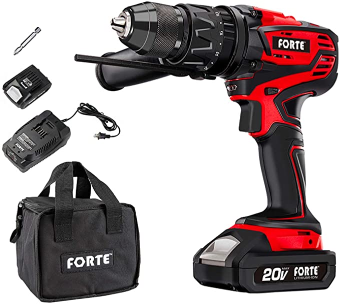 Buy FORTE Cordless 20V MAX 1/2 IN. Hammer Drill Kit with Lithium Battery and Qucik Charger, Variable Speed Trigger & 360° Rotatable Handle, Speed Setting Knob for Wood, Steel 