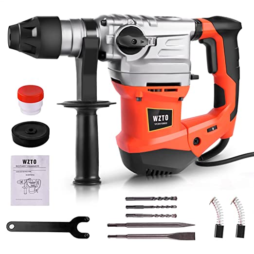 Buy WZTO 1-1/4 Inch SDS-Plus Hammer Drill, 2000W 4900BPM, 7.4 Joules Impact Energy, Safety Clutch, Vibration Control, 3 Drill Bits, Point & Flat Chisel, 1 Pair of Gloves 