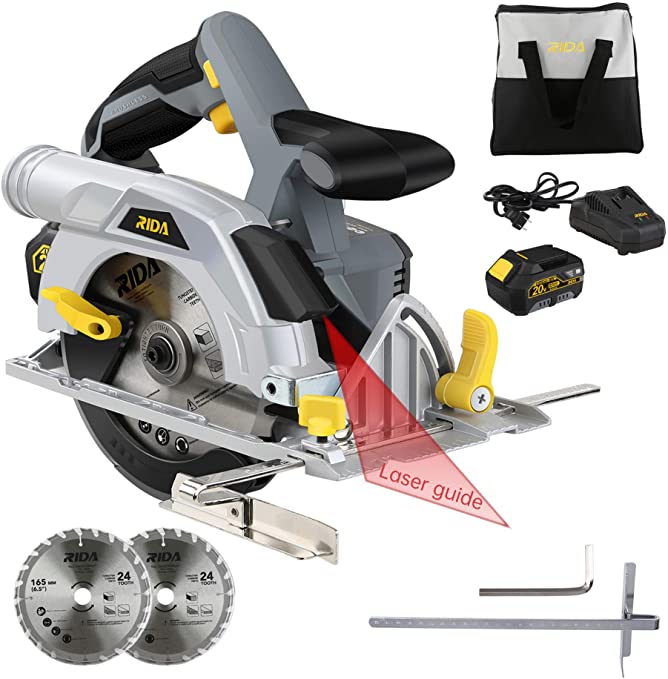 Buy RIDA 4200RPM Brushless Circular Saw with Laser Guide, Adjustable Cutting Depth and Angle, Aluminum Base Plate, 4.0Ah Lithium-ion Battery and Fast Charger, 2 Blades 