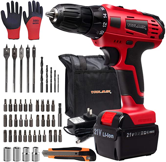 Buy Toolman 21V Variable Speed Cordless Drill, 53-piece set, 3/8 keyless chuck, 2 speed settings, 18+1 torque settings ZTP037 