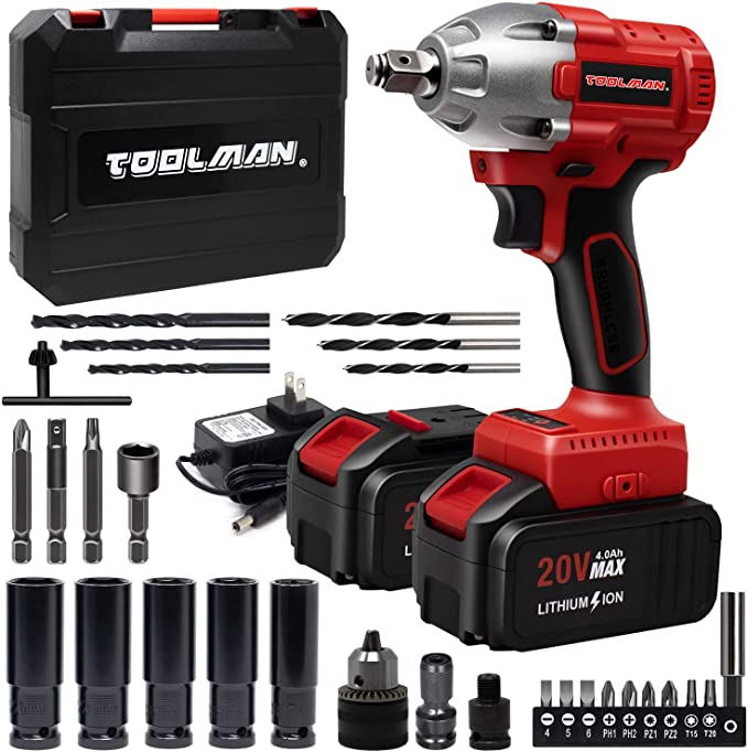 Buy Lithium-ion Toolman 2 x Rechargeable Batteries Brushless motor with no cord Lithium-ion ZTP010B Power Impact Wrench Driver Kit 1/2