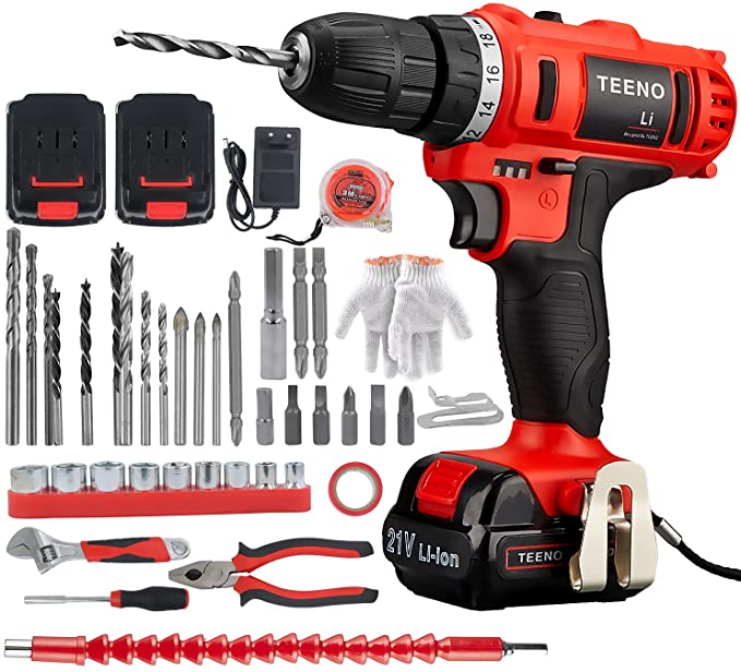 Buy TEENO Cordless Drill Driver, 21V 1.5Ah Lithium-Ion Battery Drill Driver Kit with 2 Variable Speeds, 35pcs Accessories, 3/8