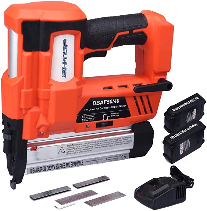 Buy BHTOP Cordless Brad Nailer & Stapler 2 in 1 18Ga Heavy Finish Nail Gun with 18Volt 2Ah Lithium-ion Rechargeable Battery Air Cylinder (Charger & Carrying Case) (2Batteries)  