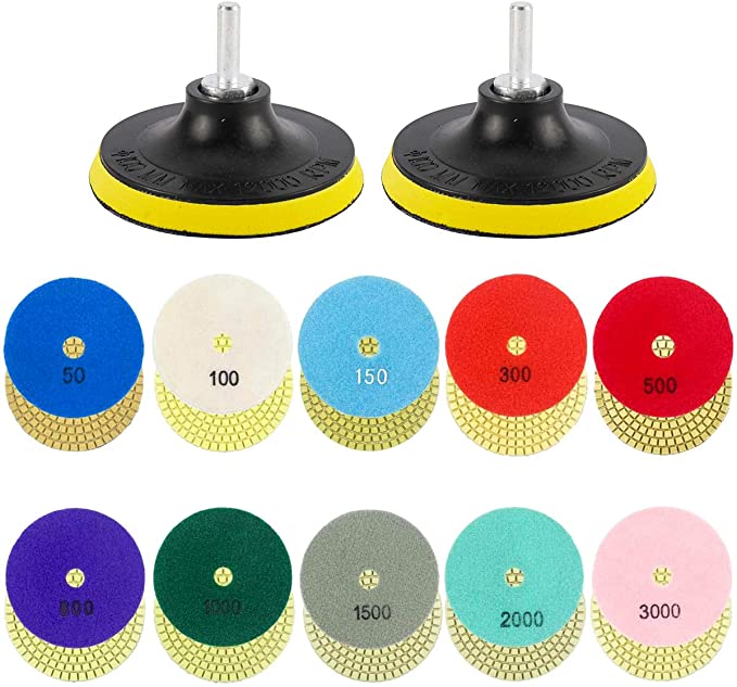 Buy 10pcs 50#-3000# Grit Pads with 2pcs Hook and Loop Backer Pads for Granite Stone Concrete Marble Floor Grinder or Polisher Toolly 12 Pack 4 inch Diamond Polishing Pads Set Wet/Dry Polishing Kit 