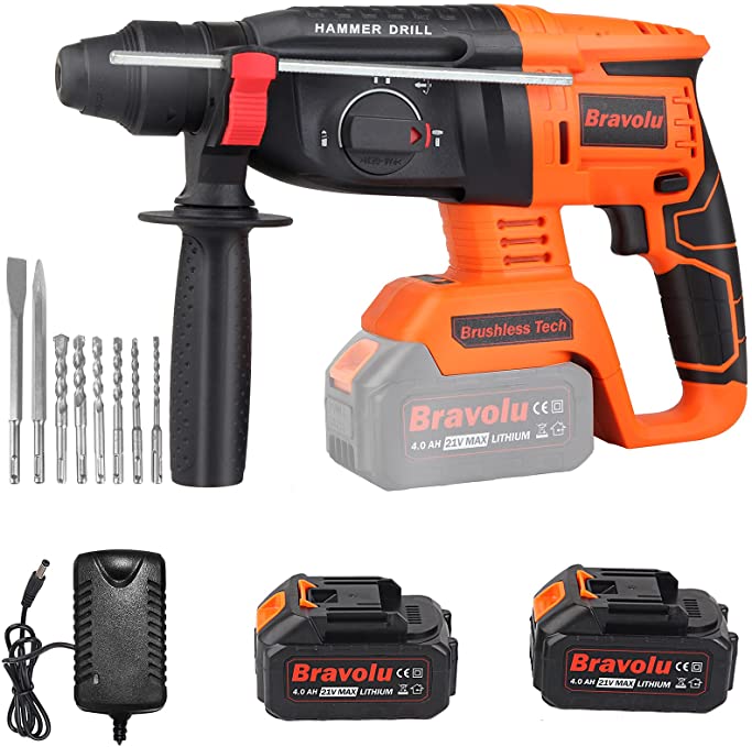 Buy Bravolu Brushless 21V 1 Inch SDS Plus Hammer Drill with 2 x 4.0Ah Battery and Charger, 4 Modes and Variable-Speed, Adjustable Handle and Drill Bits, Point and Flat Groove Chisels 