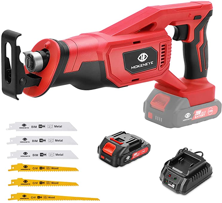 Buy MOKENEYE 20V Cordless Reciprocating Saw 2.0Ah Li-ion Battery Power Tool Kit with Tool-Free Blade Change, 1-inch Stroke Length, Fast Charger, and 6 Saw Blades for Wood and Metal Cutting 