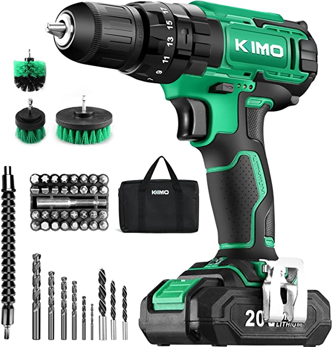 Buy KIMO Cordless Drill Set, 20V Cordless Drill with Battery and Charger & Cleaning Brush, 350 In-lb Torque, 3/8