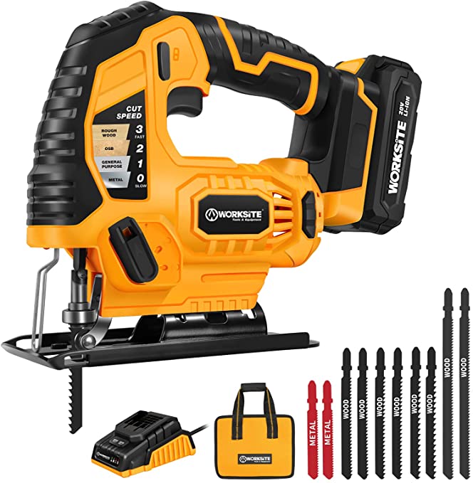 Buy WORKSITE Cordless Jig Saw, 0-3000 SPM, 20V Jigsaw with 2.0A Battery & 1 Hour Fast Charger 10pcs Blades for Woodworking, Adjustable Speed, 45° Bevel Cutting 