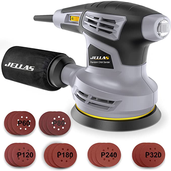 Buy Jellas 5-Inch Random Orbital Sander with 18 Sandpapers, 13000RPM 6 Variable Speed Sander Machine, 2.5A, Dust Collection Bag Included - OS280 